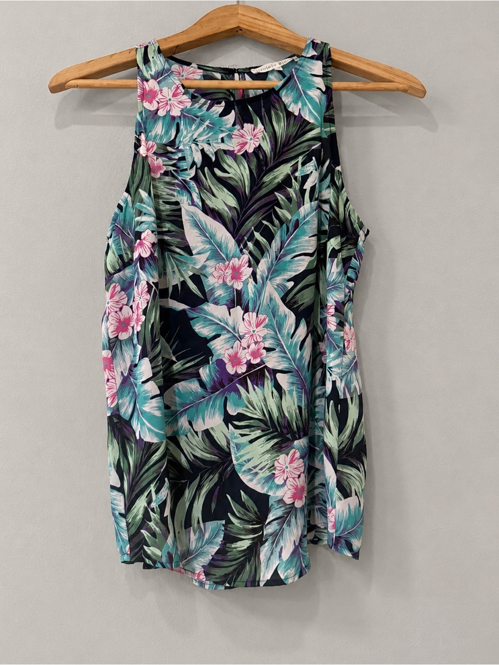 Violette + Claire S Tropical Floral Sleeveless Top Teal Pink Keyhole Back